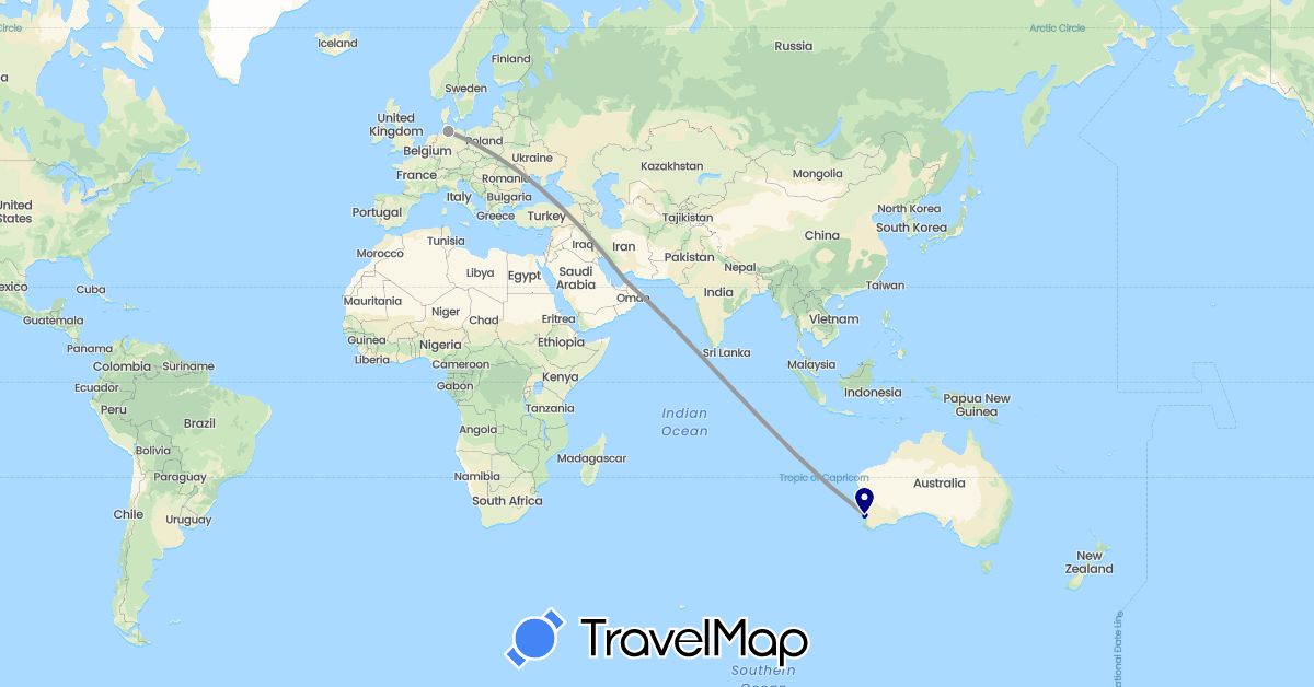 TravelMap itinerary: driving, plane in United Arab Emirates, Australia, Germany (Asia, Europe, Oceania)